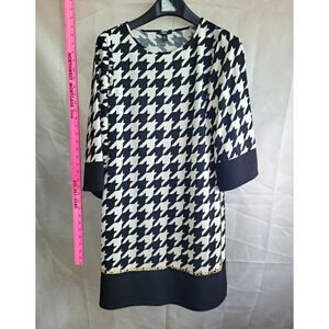 MSK Black White Houndstooth Knit Shift Stretch 3/4 Sleeve Round Neck Dress M